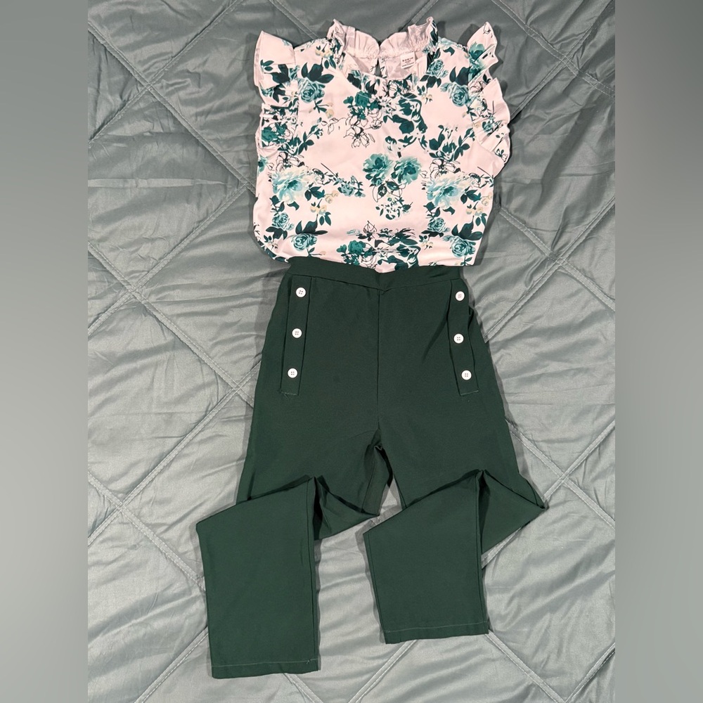 SHEIN Floral Ruffle Top and Dark Green Pants Set